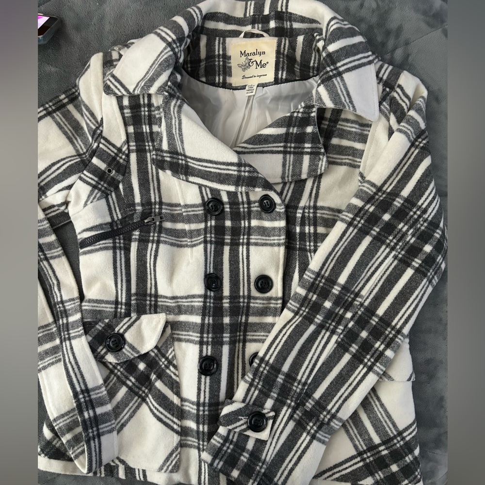 Womens trench coat size Large button up white with gray pin stripe design